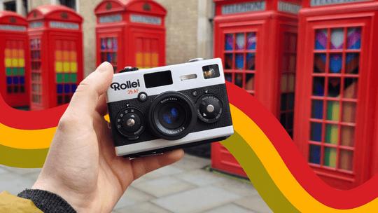 Rollei 35AF in front of pride telephone boxes